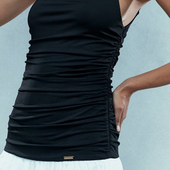 Black and White Casual Women's Color Block Bubble Ruched Long Hem Cami Dress - Picture 5 of 6